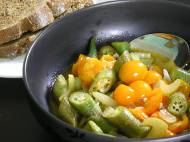 Okra and tomatoes (with onion, celery, garlic, rosemary, red wine vinegar, veggie broth)